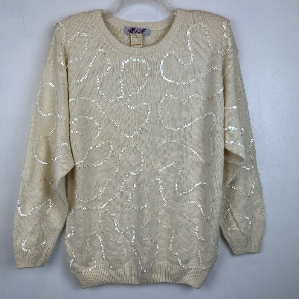 Vintage Amanda Smith Sweater Womans Medium Silk Blend New Sequin Ivory Old Money